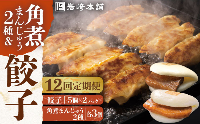 
            【全12回定期便】【簡易包装】角煮まんじゅう2種＆ぎょうざ（長崎角煮まんじゅう3個/大とろ角煮まんじゅう3個/長崎ぎょうざ5個×2袋） 長与町/岩崎本舗 [EAB009] 角煮まん 角煮まんじゅう 餃子 ぎょうざ 長崎 岩崎本舗 定期 定期便
          