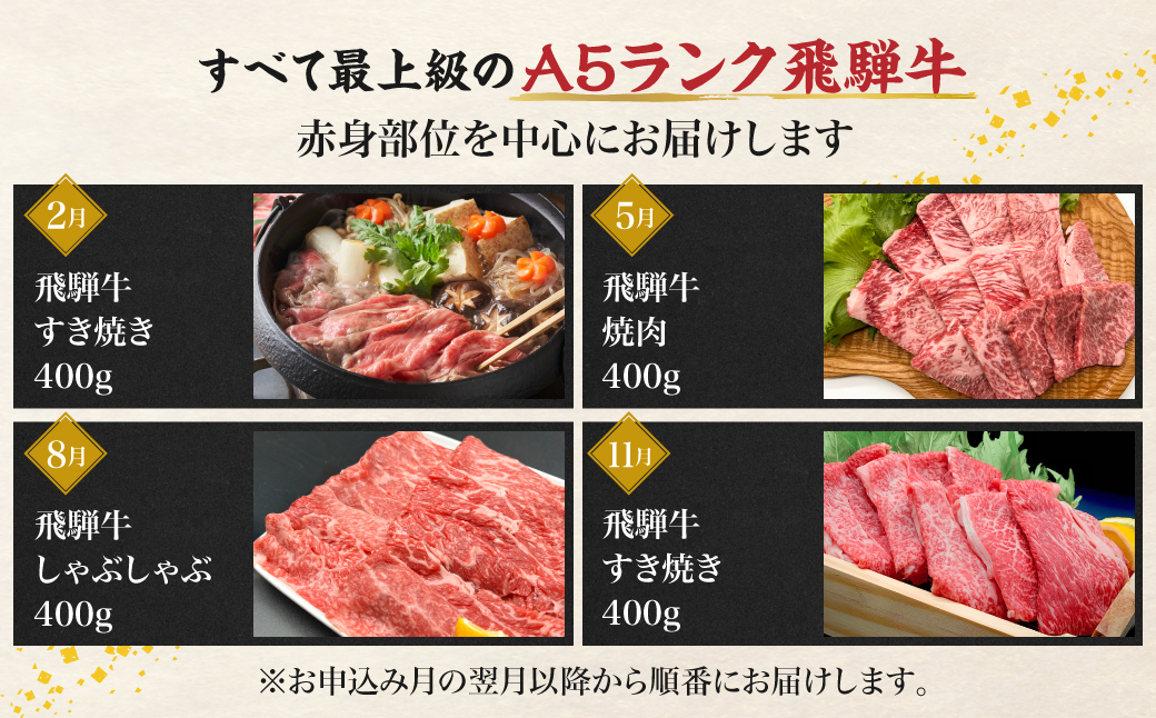 【定期便 全4回】A5ランク 飛騨牛 赤身 (すき焼き 焼肉 しゃぶしゃぶ )  【2月・5月・8月・11月発送】| 肉 黒毛和牛 和牛 ブランド牛 定期便 スライス 飛騨高山 岩ト屋 HF105