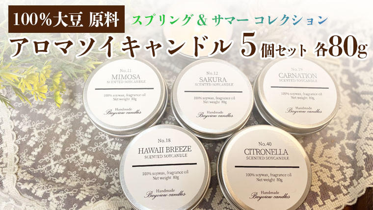 
100%大豆が原料! アロマ ソイキャンドル ～スプリング & サマー コレクション 5個 セット 【Bayview candles】キャンドル ソイ ワックス フレグランス 贈り物 プレゼント キャンプ 母の日 [BA010ya]
