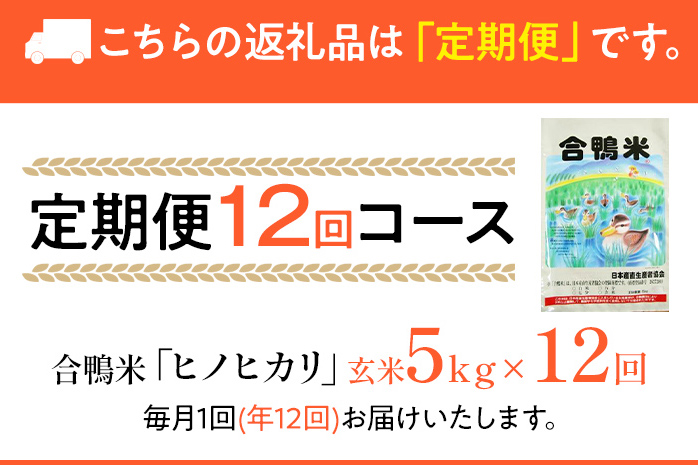 令和7年産 新米予約 合鴨米「ヒノヒカリ」（玄米・5kg）定期便12回コース　BI06　※2025年10月より順次出荷予定
