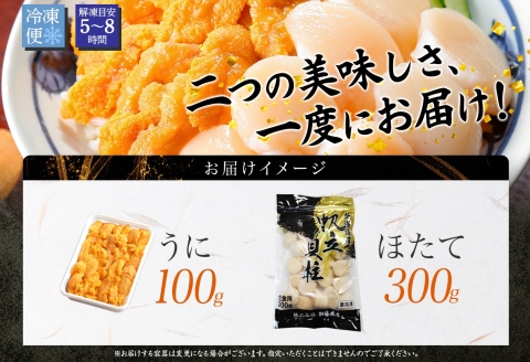 3382. うに 100g ホタテ 300g セット ファミリー ウニ チリ産 冷凍 雲丹 ほたて 生ほたて 帆立 貝柱 貝 海鮮 海鮮丼 送料無料 北海道 弟子屈町