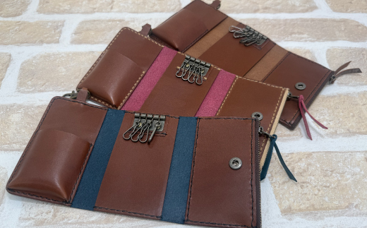 手縫いの本革「オリジナル キーケース ＆ ミニ財布」【カラー：ダークブラウン】上質 職人 手作り レザー 革 牛革 革製品 財布 小銭入れ 鍵 キー シンプル おしゃれ ギフト プレゼント 贈り物 高