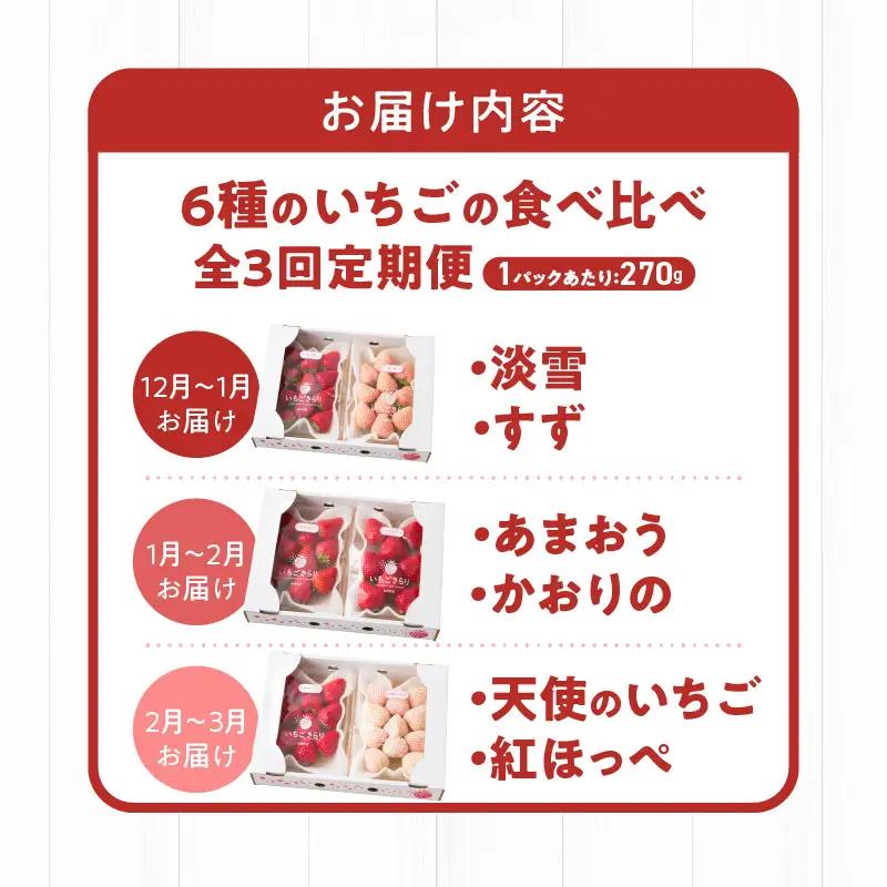 【定期便 3回】特別栽培 6種のいちごの食べ比べ 約540g×3回 _ 定期便 3回 特別栽培 6種 いちご 食べ比べ セット ふくおかエコ農産物 旬のいちご 新鮮 久留米市産 白いちご 淡雪 天使の