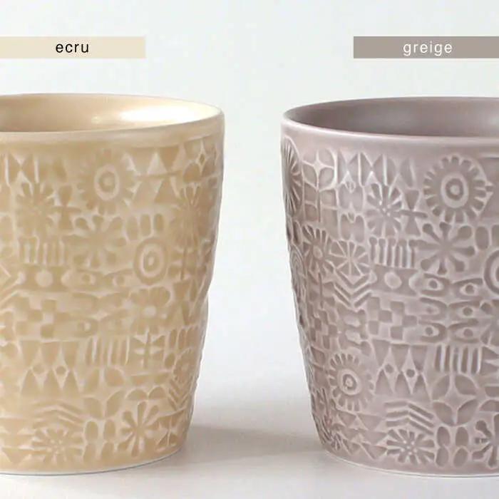 【波佐見焼】PATTERNED CUP ペア2色セット ecru + greige　【BIRDS’ WORDS】[CF072]