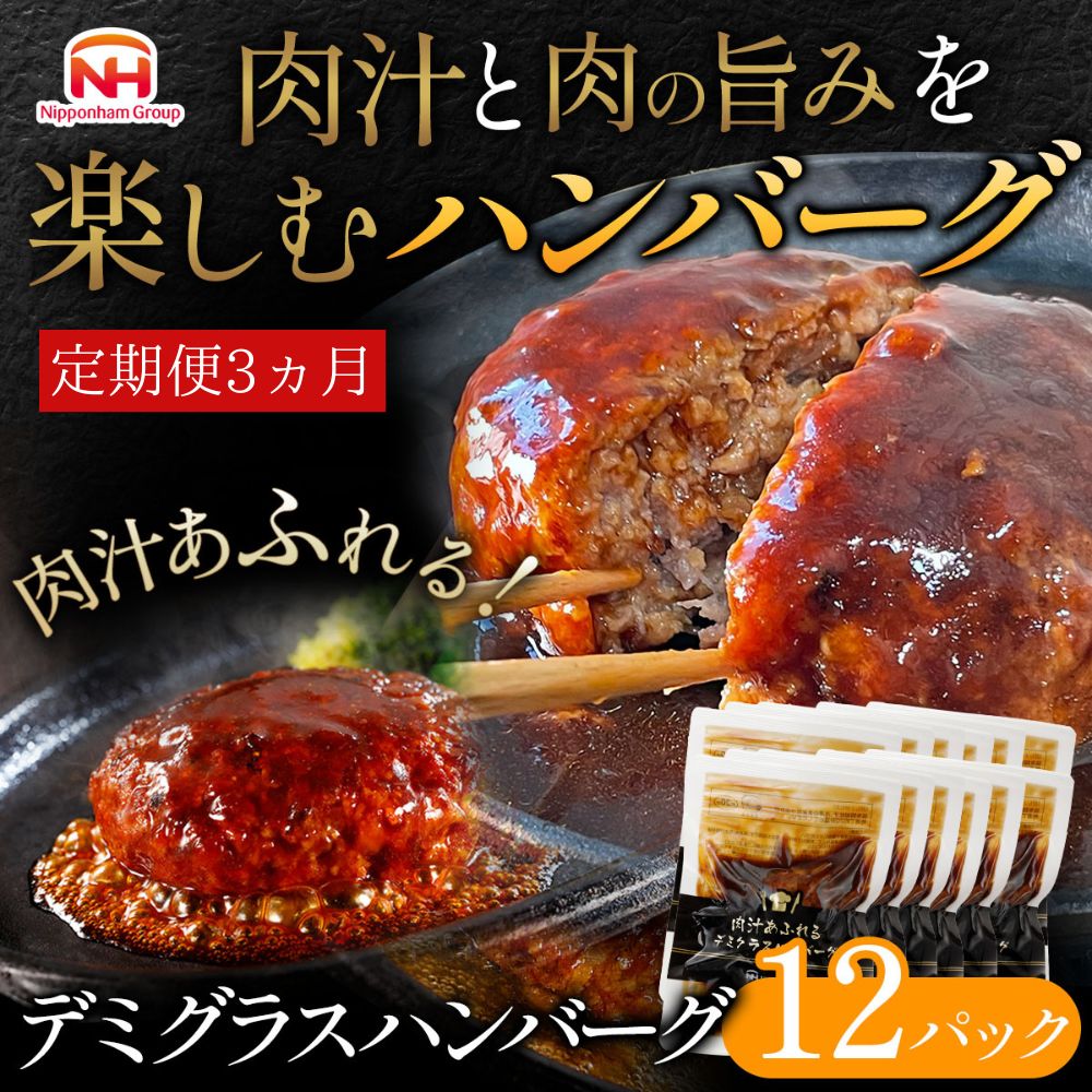 【ふるさと納税】【定期便】肉汁あふれるデミグラスハンバーグ12個入　3ヶ月定期便　日本ハム 冷凍 個食 使い切り 湯煎 牛肉 豚肉