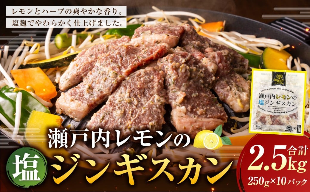 
            瀬戸内レモンの塩ジンギスカン 計約2,500g（約250g×10パック）／ 瀬戸内レモン レモン 塩麹 塩こうじ ジンギスカン 羊肉 ラム肉 ランプ肉 お肉 肉 グルメ 岡山県 美咲町 冷凍
          