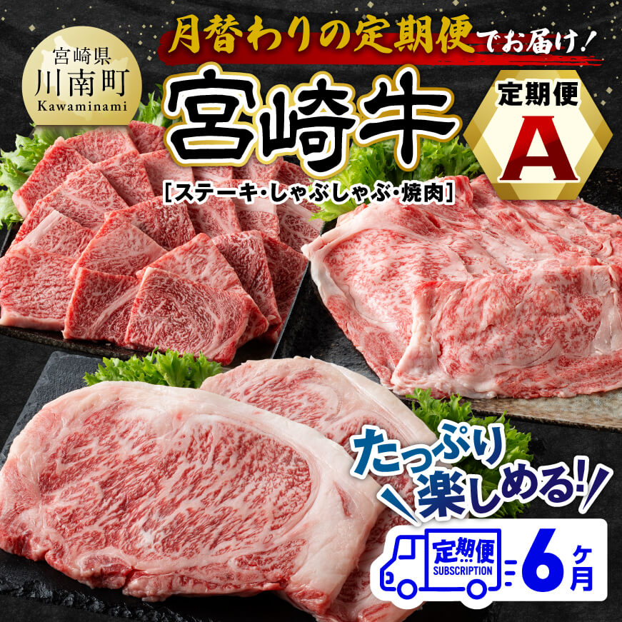 【6ヶ月定期便】宮崎牛定期便A（ステーキ・しゃぶしゃぶ・焼肉）全6回　牛肉 宮崎牛[E11133t6]