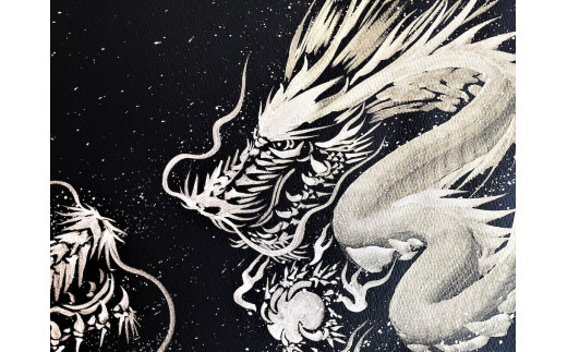 「一筆銀双龍」絵師白道 作｜絵画 アート インテリア 手描き [0623]