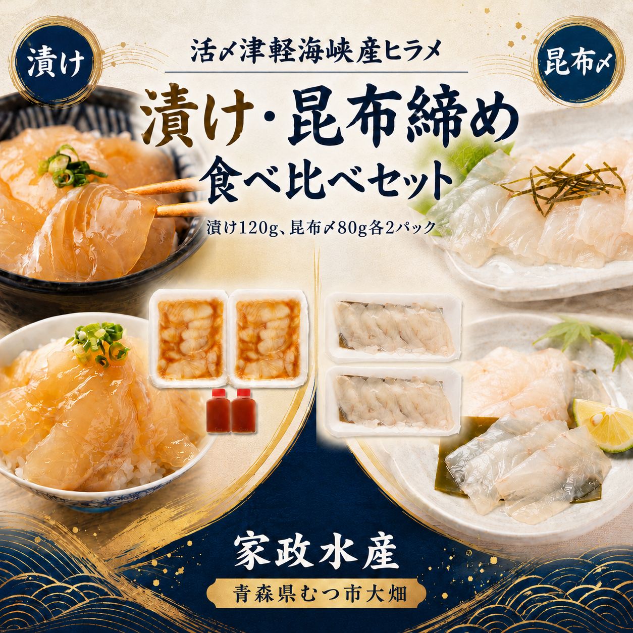 【ふるさと納税】活〆天然ヒラメ　漬け・昆布締め　刺身食べ比べ　400g　津軽海峡産【配送不可地域：沖縄及び離島】 刺身 海鮮 海産物 ふるさと納税 青森県産 むつ市