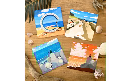 湘南・茅ヶ崎で描く、海を感じるイラストアート 『湘南ランドスケープ：ミニタオル　4枚セット』  /風景 犬 猫 サザンC ビーチ