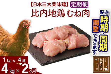 《定期便2ヶ月》 比内地鶏 むね肉 4kg（1kg×4袋）×2回 計8kg 時期選べる お届け周期調整可能 2か月 2ヵ月 2カ月 2ケ月 8キロ 国産 冷凍 鶏肉 鳥肉 とり肉 ムネ肉