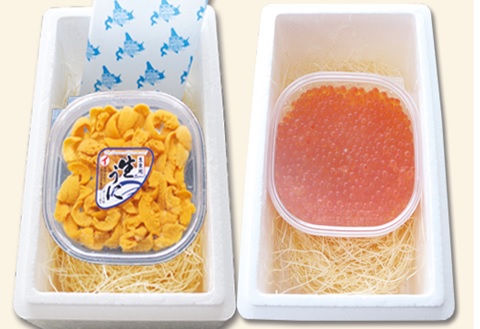 ＜12月14日決済分まで年内配送＞エゾバフンウニ塩水パック150g×1P、いくら醤油漬150g×1P[11月下旬以降発送] E-40016