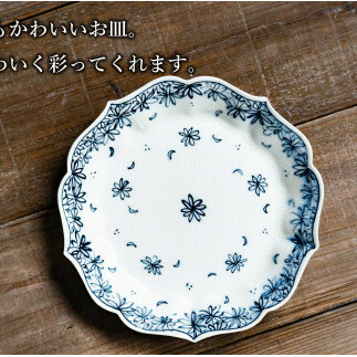 【有田焼】桔梗皿 (大) 小花散 4枚セット 手描き 染付 パスタ皿 盛り皿 プレート 食器 喜鶴製陶 山口祥治 A80-36_イメージ2