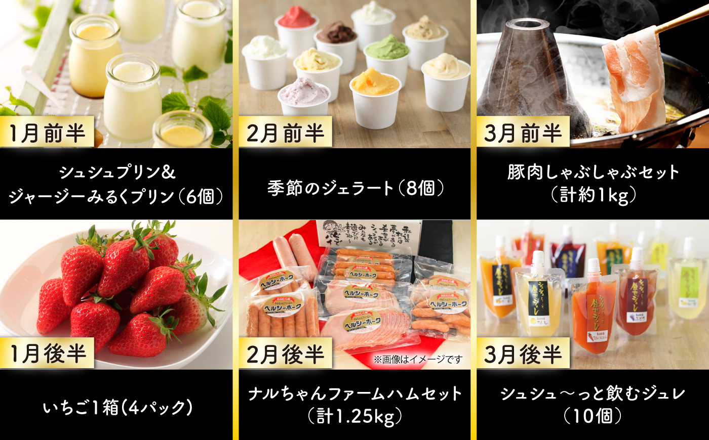 【24回定期便】毎月 2回 お届け！ファーストクラス 定期便（ ハンバーグ 長崎和牛 プリン いちご ジェラート ハムセット 豚肉 ジュレ ぶどう お米 ジュース ）/ 便利な定期便 バラエティ定期便