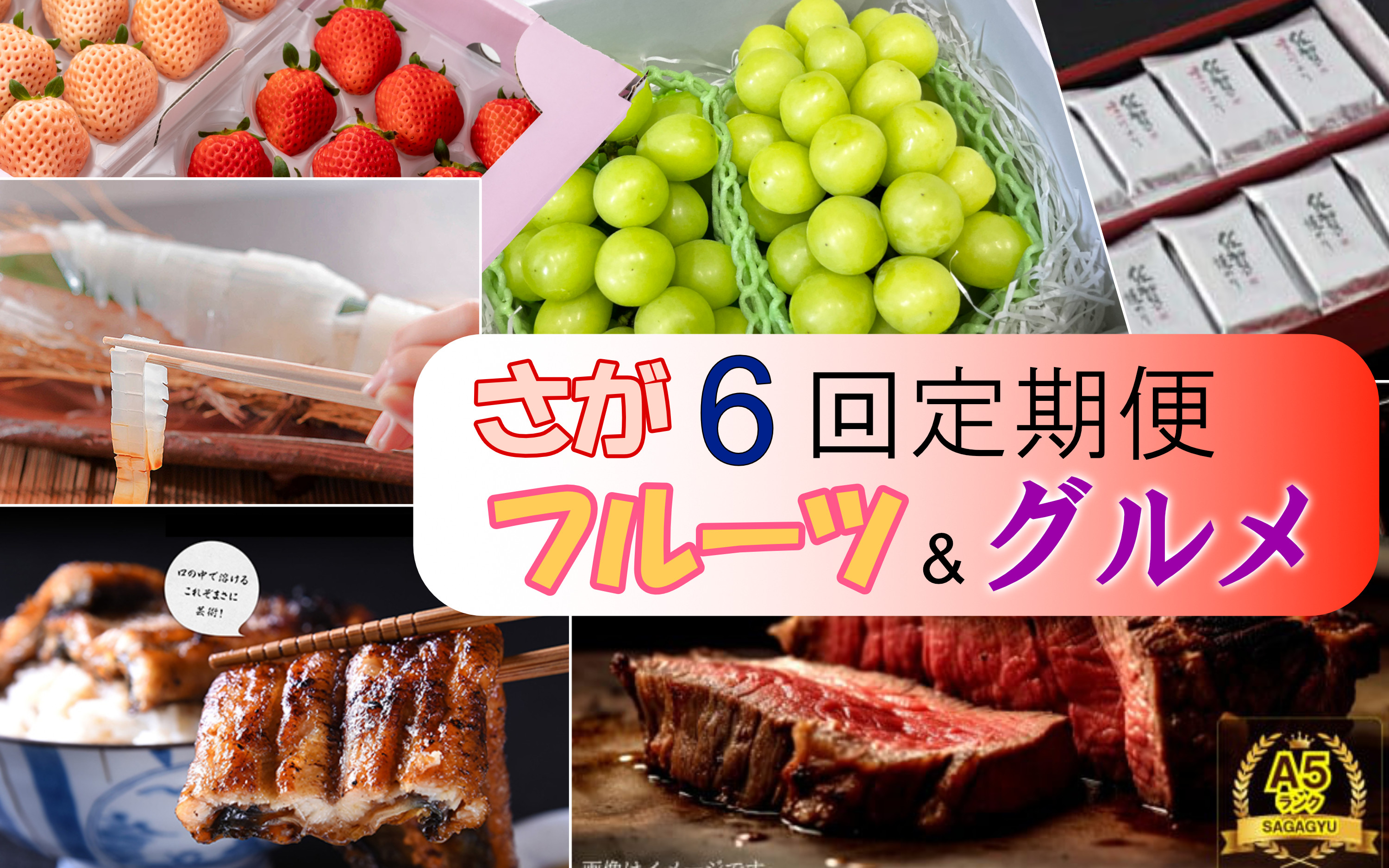 
            【定期便セット】佐賀のフルーツ＆グルメ定期便 年6回(いちご、海苔、いか姿造り、シャインマスカット、うなぎ、佐賀牛ヒレ シャトーブリアン)
          