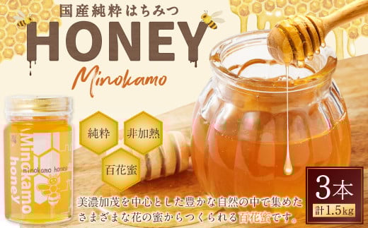 国産 無添加 MINOKAMO HONEY はちみつ 3本（500g×3） 合計 1,500g｜ 藤井養蜂 蜂蜜 ハニー 非加熱 純粋 百花蜜 保存食 岐阜