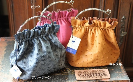 オーストリッチのがま口ハンドバッグ　 ファッション カバン  ピンク