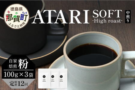 【定期便12回】【粉タイプ】珈琲屋 中-ATARI- SOFT (中煎り) -High roast- 100g×3袋×12回【徳島県 那賀町 自家焙煎 コーヒー 珈琲 ブレンド コーヒー粉 珈琲粉 粉 スペシャリティコーヒー レギュラーコーヒー 中煎り ハイロースト 詰め合わせ ギフト プレゼント お取り寄せ】CO-16