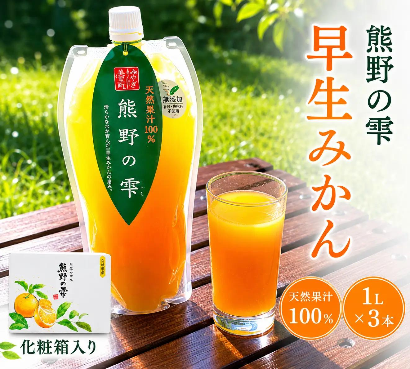 【化粧箱入り】天然果汁100％ みかんジュース 熊野の雫【温州みかん（早生）】1L×3 / ミカンジュース 早生みかん 温州 生搾り 果汁100％ ストレート パウチ入 柑橘 和歌山県 田辺市 [hso017]