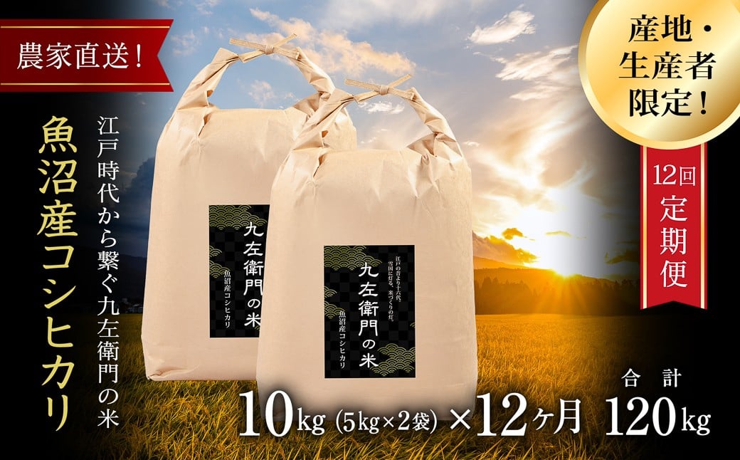 
            【令和7年産新米】【12ヶ月定期便】魚沼産コシヒカリ 九左衛門の米 10kg（5kg×2袋）
          