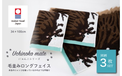 （今治タオルブランド認定品）Uchinoko mate にゃんこシリーズ 毛並みロングフェイスタオル３枚セット（ハチワレ／ブラウンタビーホワイト） [I004680FT3L] 今治タオル タオル フェイスタオル 大きめ 今治フェイスタオル 猫 ネコ ねこ 吸水 ギフト ギフトセット お祝い 贈り物 日本製 プレーリードッグ