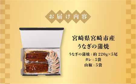 宮崎県宮崎市産　うなぎの蒲焼　約1kg（約200g×5尾）タレ・山椒セット 鰻 ウナギ 丑の日