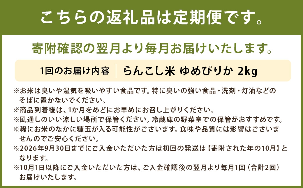 らんこし米ゆめぴりか約2kg1袋