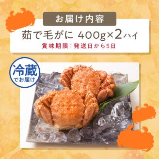 【予約：2024年3月下旬から順次発送】【旬の浜ゆで毛ガニを冷蔵便で】オホーツク海産 浜茹で海明け毛がに 約400g×2ハイ ( かに 蟹 魚介類 海鮮 )【114-0029-2024】