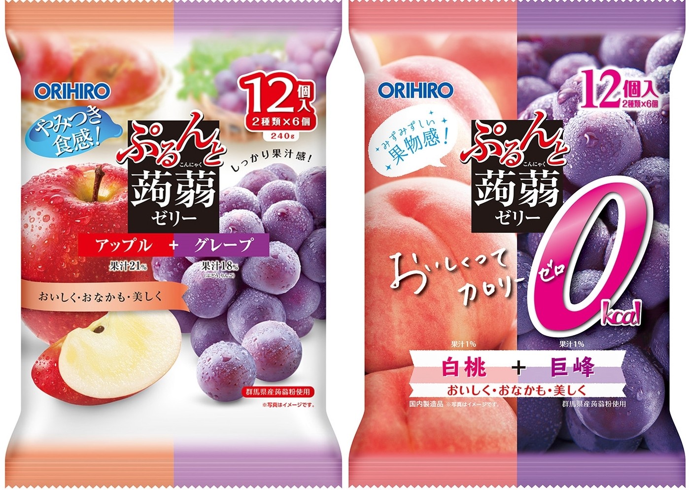 
                  【25178】≪オリヒロ≫ぷるんと蒟蒻ゼリーパウチ　アップル＋グレープ、カロリーゼロ白桃＋巨峰　2種　計12袋
                