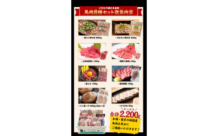 純国産馬肉8種セット 計2200g 熊本肥育 2年連続農林水産大臣賞受賞 送料無料 馬刺し 馬肉 馬スジ ホルモン 燻製 霜降り ハンバーグ 熊本県山江村《60日以内に出荷予定(土日祝除く)》