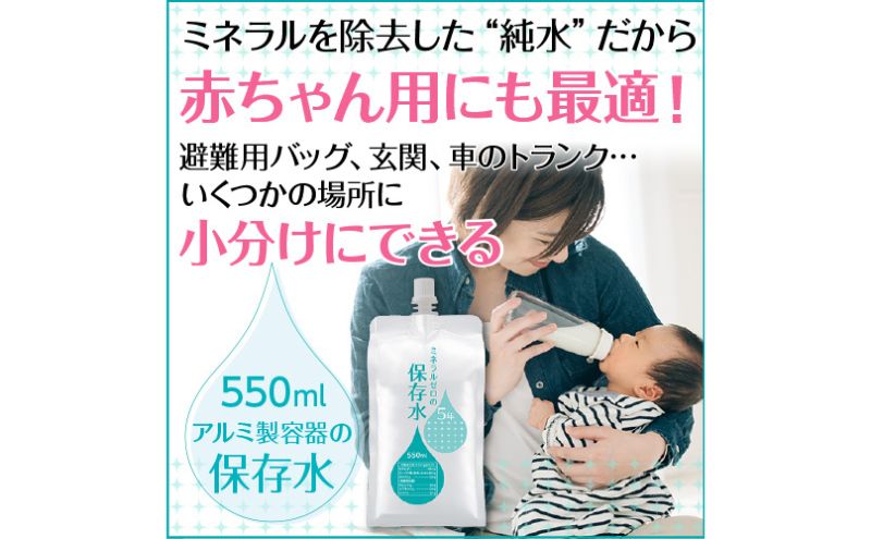 水 保存水 ミネラルゼロの5年保存水 550mL×20本 (10本入り1箱×2) 非常用 備蓄水 赤ちゃん用ミルクに利用 アルミパウチ容器 長期保存 子ども 子供 高齢者 ペット 手洗い 災害時 防災