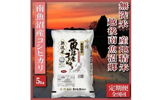 
                  【令和8年産　新米予約】【定期便】無洗米5Kg×全9回　越後南魚沼郷  南魚沼産コシヒカリ【定期便 銘柄米 ブランド米 無洗米 こしひかり コシヒカリ 魚沼産 新潟米 産地直送 お米 米 】【2026年10月上旬より1ヶ月以内に順次発送予定】
                