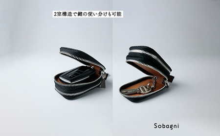 エシカルレザーSobagni スマート キーケース ダブル 雑貨 小物 シンプル スッキリ 水や汚れに強い 傷に強い お手入れ不要 高耐久 丈夫 長持ち  ブラック