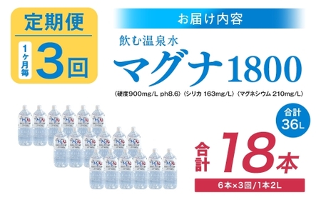 【定期便・3ヶ月連続】 硬水ミネラルウォーター 「マグナ1800」2L×6本×3回 計36L