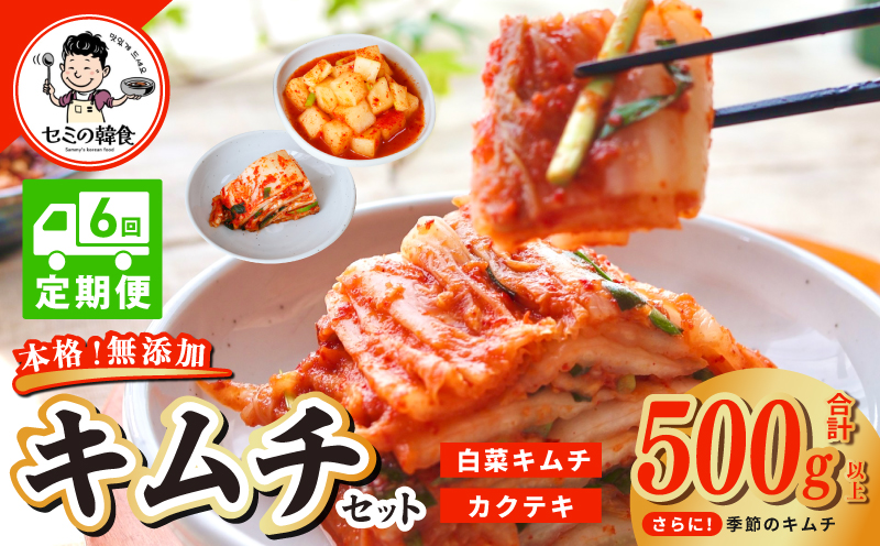 【定期便】韓国人が作る！無添加・砂糖不使用のキムチセット500g+お試し季節のキムチ100g 全6回【本場 韓国 きむち 人気 無添加 韓国料理 惣菜 大阪 泉佐野 大阪府 泉佐野市】