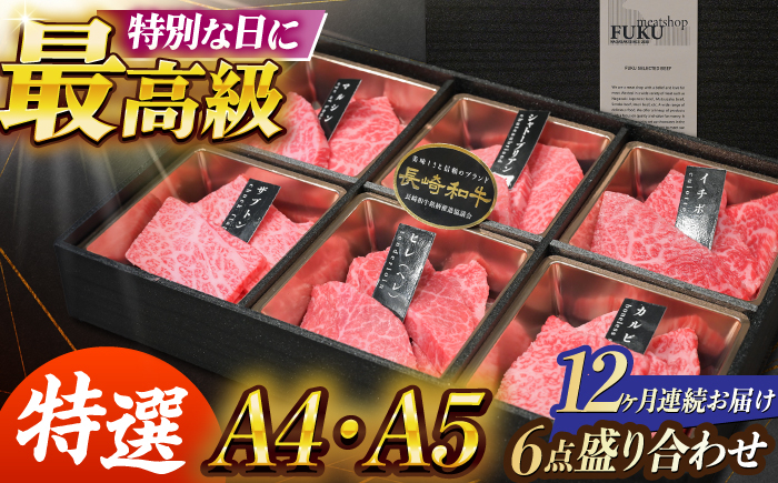 
            【12回定期便】長崎和牛 焼肉盛り合わせ（特選）6点 長与町/meat shop FUKU [ECS064]国産 和牛 焼肉セット 牛肉 ヒレ シャトーブリアン やきにく 焼肉 焼き肉 焼肉セット 食べ比べ 赤身 牛肉 冷凍 定期便 定期 ていきびん 12回
          