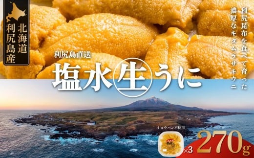 【2026年発送受付】利尻昆布育ちの天然生うに 塩水キタムラサキ 270g (90g×3p)｜北海道 朝獲れ 塩水 ウニ 無添加 ミョウバン不使用 生 うに 雲丹 国産 天然 利尻 キタムラサキ [1110010]