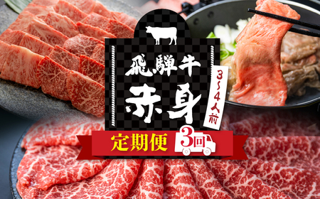 定期便 3回 飛騨牛 5等級 赤身 ウデ モモ しゃぶしゃぶ すき焼き 焼肉 3～4人前 3ヵ月 国産牛 国産 牛肉 肉 和牛 厳選 肉の沖村[Q2341]