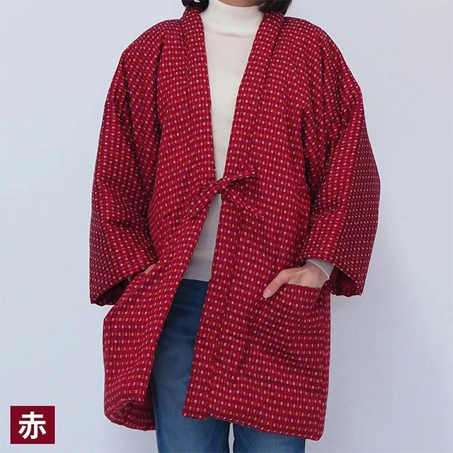 綿入れ 半纏 四つ葉柄 【赤・紺・エンジ】 はんてん 織物 手縫い