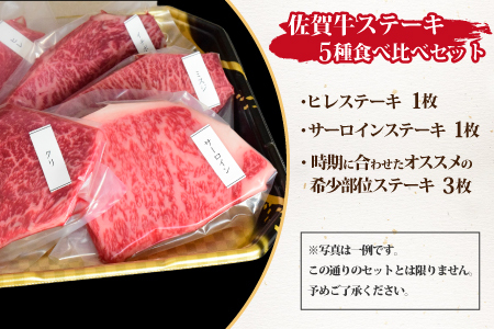 佐賀牛 ステーキ 5種 食べ比べセット 500g （100gx5枚） A5 A4 サーロイン ヒレ 希少部位 (H085140)