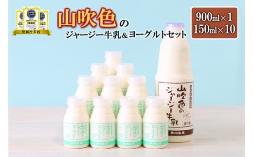 【山のいぶき】山吹色のジャージー牛乳 ヨーグルトセット 900ml×1 150ml×10 2種 計11本 乳脂肪分 5％以上 低温殺菌 素材の味 詰め合わせ 牛乳 飲むヨーグルト ギフト 贈答 セット 小国ジャージー牛乳 FOODEX JAPAN ご当地牛乳グランプリ 最高金賞 金賞 味の評価審査賞 購買意欲審査賞 味覚賞 ご当地ヨーグルト 金賞 熊本 阿蘇 小国町