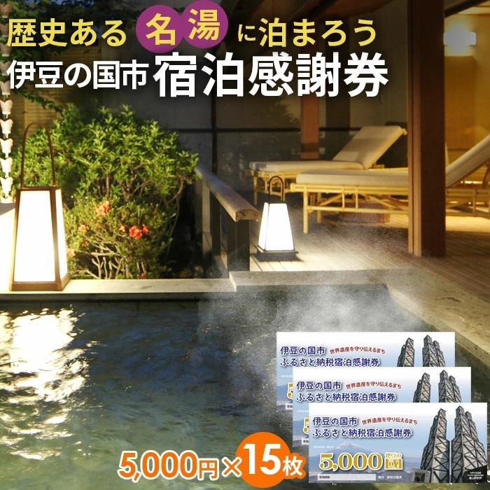 
                  伊豆の国市宿泊感謝券（5000円×15枚）| 旅行 伊豆 温泉 体験 旅行券 チケット 旅館 ホテル キャンプ トラベル 静岡県 伊豆の国市
                