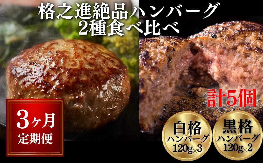 
【定期便/3ヶ月】《格之進》絶品ハンバーグ【白格・黒格】食べ比べセット(120g)計5個×3回お届け プレミアム お弁当 個包装 お惣菜 小分け 子供 簡単調理 肉 岩手 一関 贈り物 ギフト お取り寄せ 冷凍 人気
