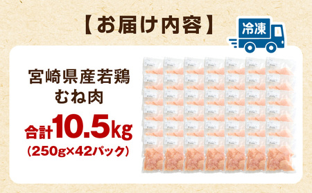 宮崎県産若鶏 むね肉 10.5kg（250g×42パック） 高タンパク質 低カロリー 小分け