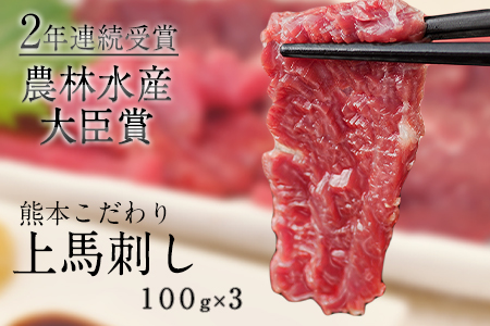 馬刺し 上赤身 ブロック 国産 熊本肥育 冷凍 生食用 たれ付き(10ml×3袋) 100g×3セット 《10月中旬-12月末頃出荷》 肉 絶品 牛肉よりヘルシー 馬肉 平成27年28年 農林水産大臣賞受賞 南阿蘇村---mna_fkgakm_bc1012_12000_300gt---