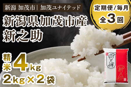 【令和7年産・令和8年産新米先行予約可】【定期便3ヶ月毎月お届け】新潟県産 新之助 精米4kg（2kg×2袋） 《令和7年産：順次出荷・令和8年産新米：2026年10月から出荷》