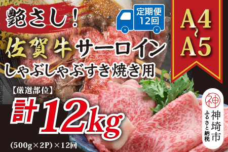 【12か月定期便】【厳選部位】【A4～A5】佐賀牛サーロインしゃぶしゃぶすき焼き用 1kg(500g×2P)×12回【肉 牛肉 ブランド牛 黒毛和牛 お祝い ご褒美 ふるさと納税】(H112210)