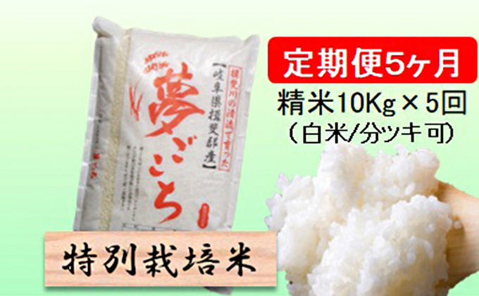 
令和５年産　特別栽培米★[定期便] 5カ月★毎月 精米10kg（白米/5分/7分ツキ可） 【夢ごこち】 玄米は別に出品 [№5644-1157]
