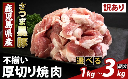 
                  K-746 ＜選べる容量＞直売用訳あり限定 さつま黒豚 不揃い厚切り焼肉 真空パック入り(計1～3kg) 【ふるさと産直バザール】霧島市 部位ミックス 黒豚 国産 鹿児島県産 肉 精肉 ワケアリ 焼肉 真空パック 豚肉 ロース モモ
                