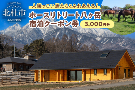 ホースリトリート八ヶ岳　宿泊クーポン 3,000円分 宿泊 クーポン券 宿泊券 養老牧場 体験 自然 山梨県 北杜市 八ヶ岳